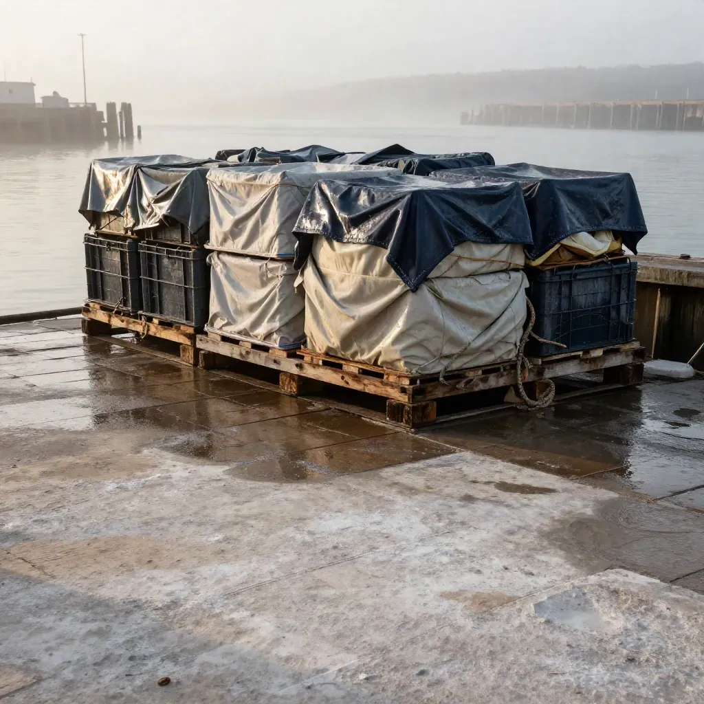 Misty quay with stacked crates and tarpaulins above calm wet stone, sea blurred beyond.