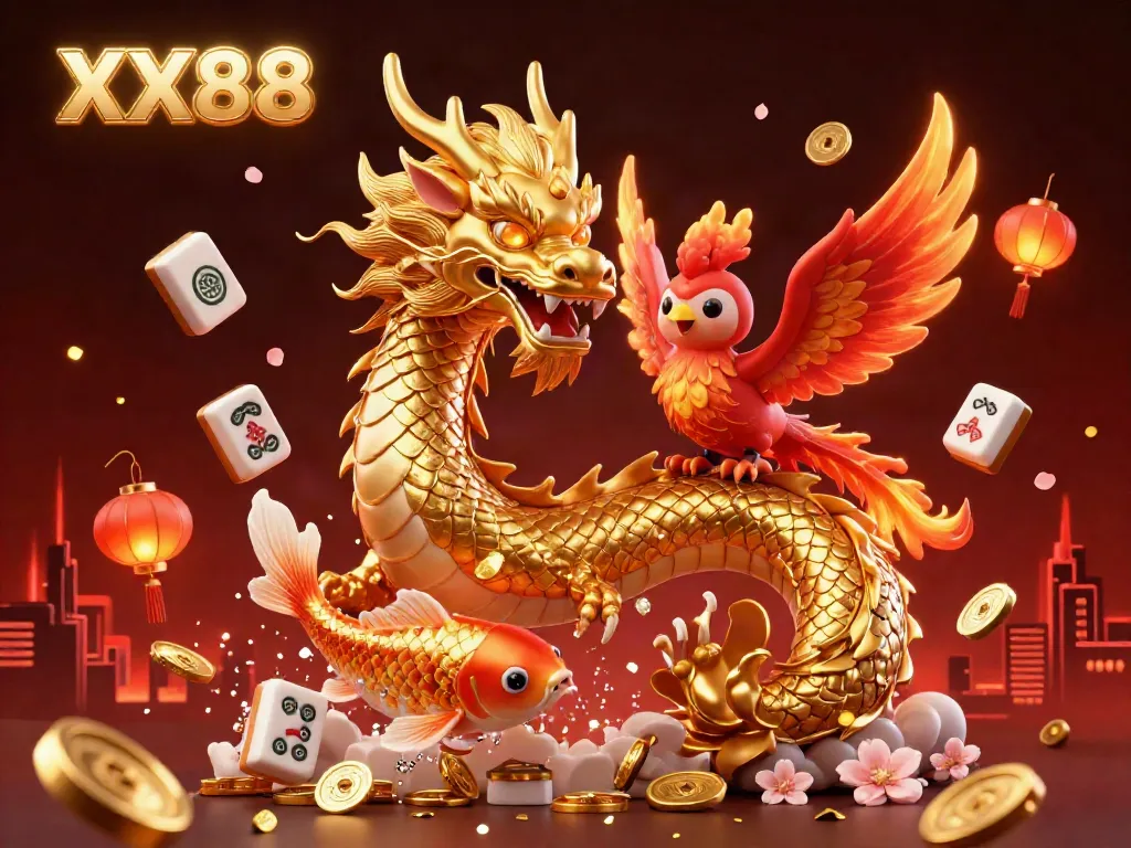 Experience thrilling gameplay at XX88 with stunning dragons, phoenixes, and koi fish amidst vibrant casino elements.