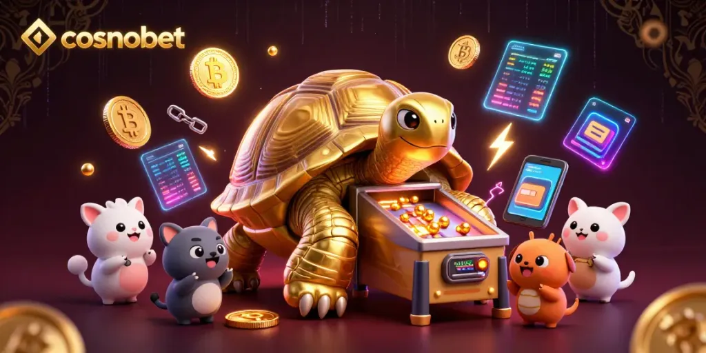 Experience the excitement of cosmobet with a golden tortoise-themed pinball machine illustration.