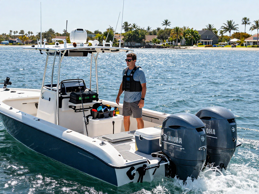 Excited boater next to Yamaha outboard motor on a boat, enjoying a sunny day on the water.