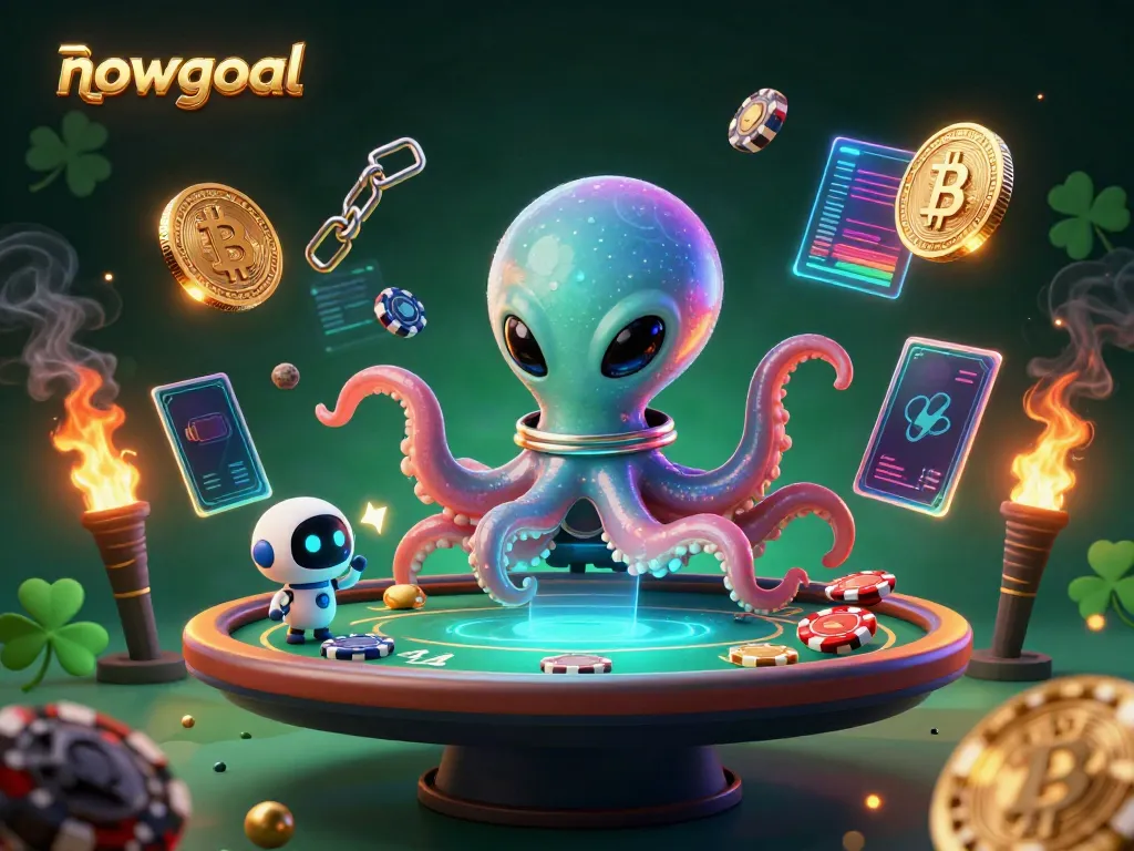 Engage with nowgoal's dynamic alien casino scene featuring an octopus dealer and vibrant crypto elements.