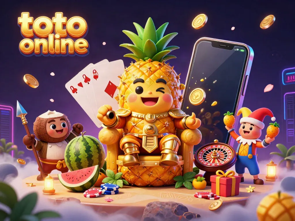 Engage with toto online within a vibrant beach casino scene featuring a golden pineapple king and interactive game elements.