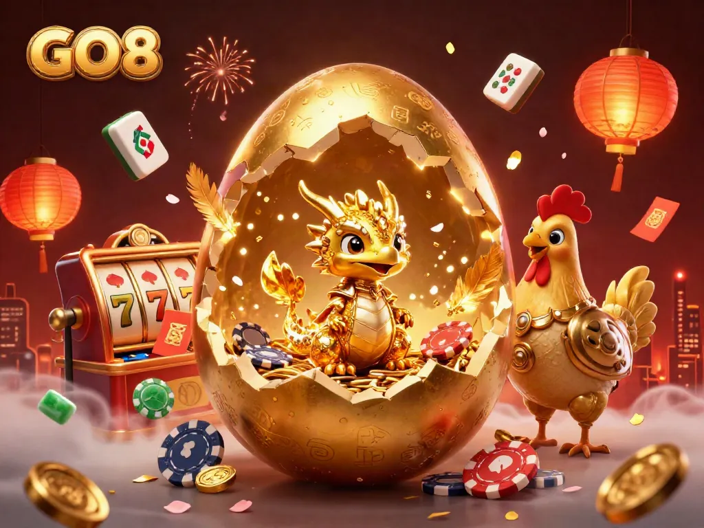 Engage with GO8's vibrant online casino gaming scene featuring a golden baby dragon and slots.