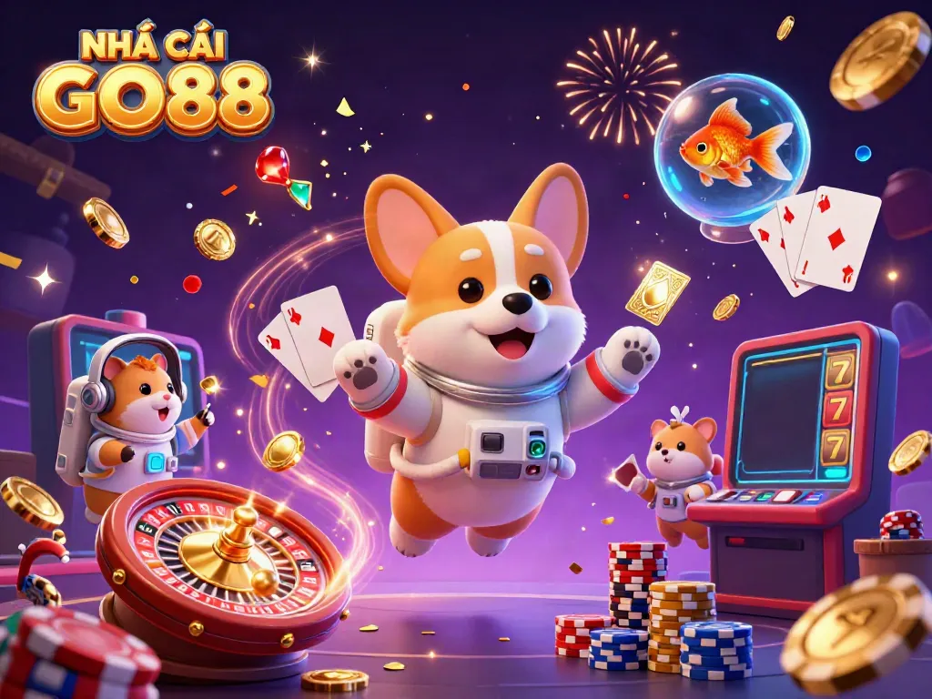 Experience gaming thrill at NHÀ CÁI GO88 in a vibrant casino scene with 3D characters and elements.