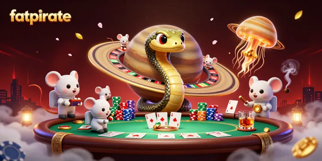 Engage with the fatpirate cosmic casino universe, featuring astronaut mice betting on a roulette wheel in space.