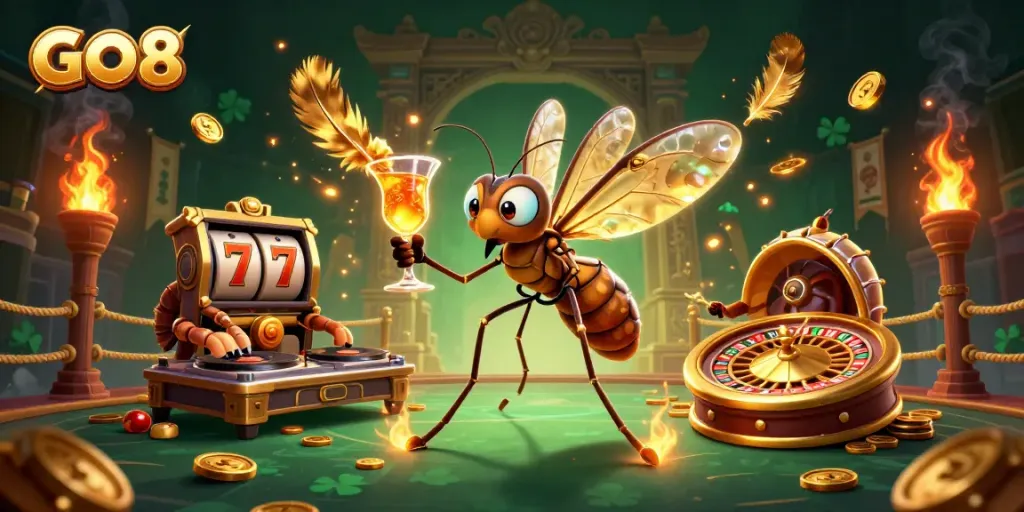 Win big at GO8 with vibrant 3D casino characters and dynamic gaming elements in this engaging illustration.