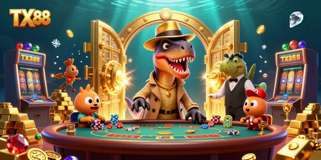 Experience thrilling luck at TX 88 with a cartoon velociraptor at a blackjack table among treasures.