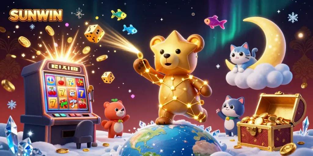 SUNWIN's constellation bear scoops coins from Earth in a vibrant casino atmosphere filled with slot machines and golden treasures.