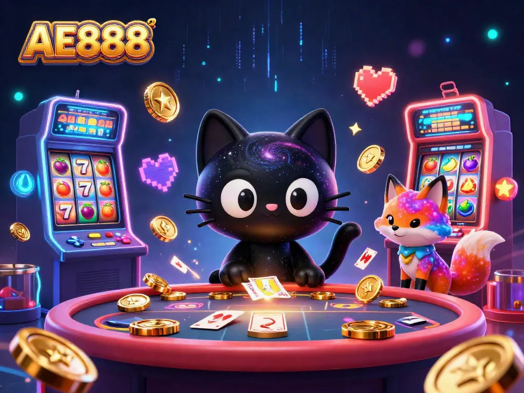 Engage with AE888's vibrant cosmic casino experience featuring a playful black hole cat and a colorful nebula fox.
