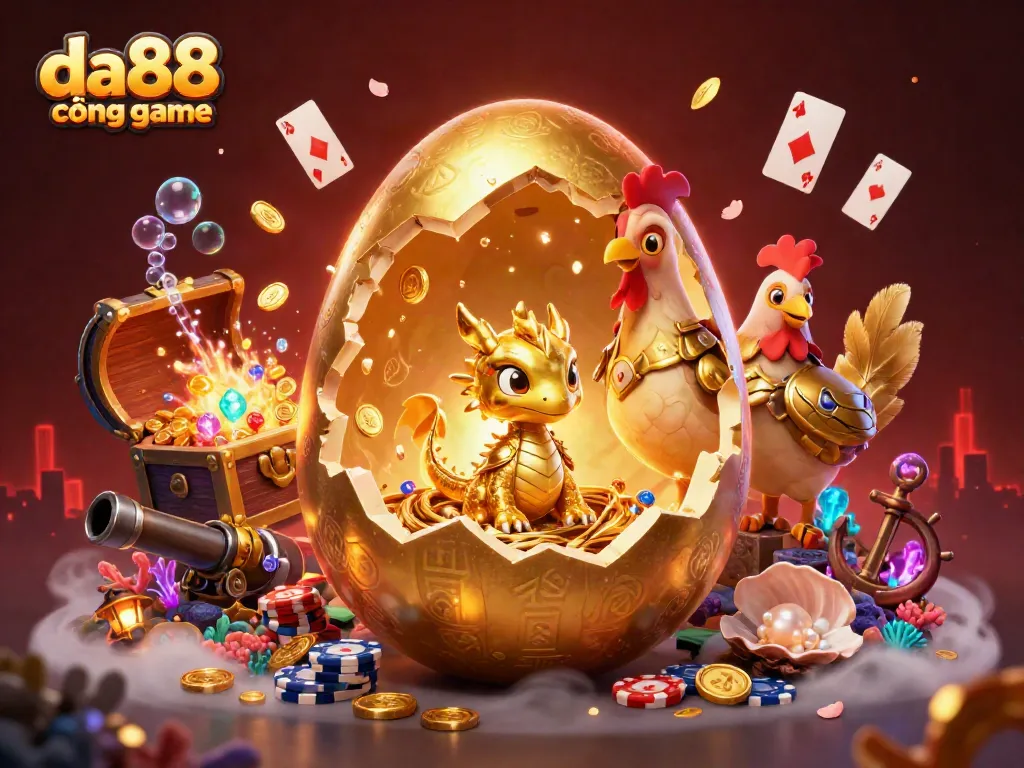Experience the thrilling da88 cổng game with a vibrant scene featuring a golden dragon, poker chips, and treasure amidst fantasy elements.