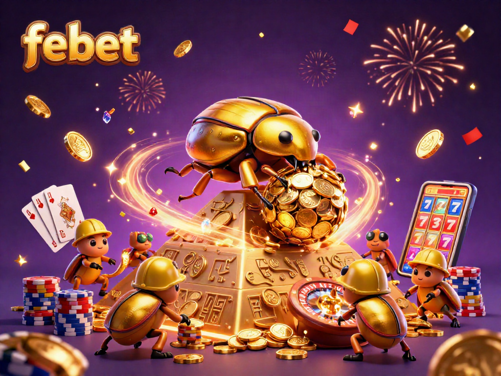 febet promotes excitement with a cartoon beetle in a casino-themed illustration showcasing golden coins and dynamic elements.