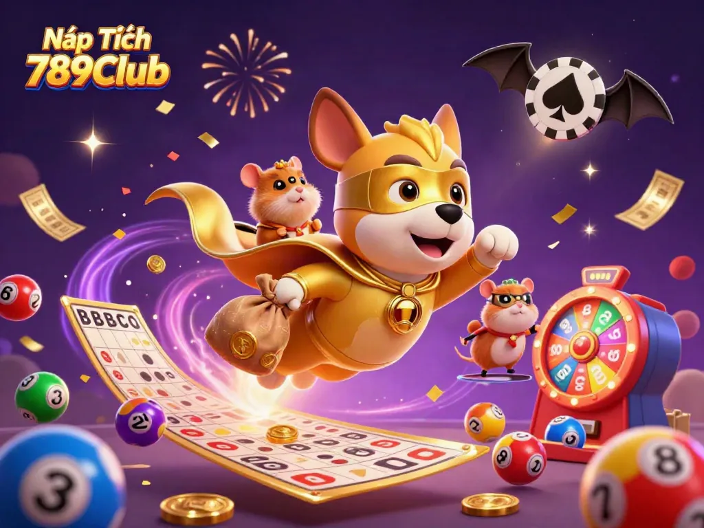 Nạp Tiền 789Club is illustrated with a superhero dog, colorful lottery balls, and confetti for a festive gaming atmosphere.
