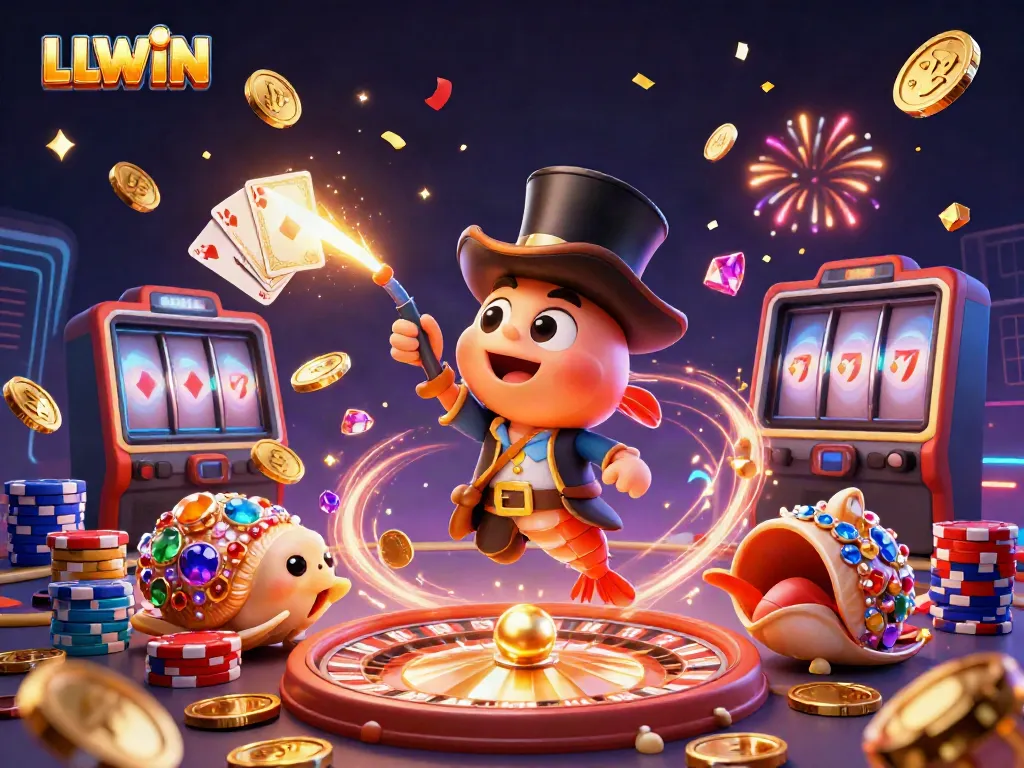 LLWIN showcases a vibrant 3D deep-sea casino scene with an anglerfish, shrimp, and snail amidst flying coins.