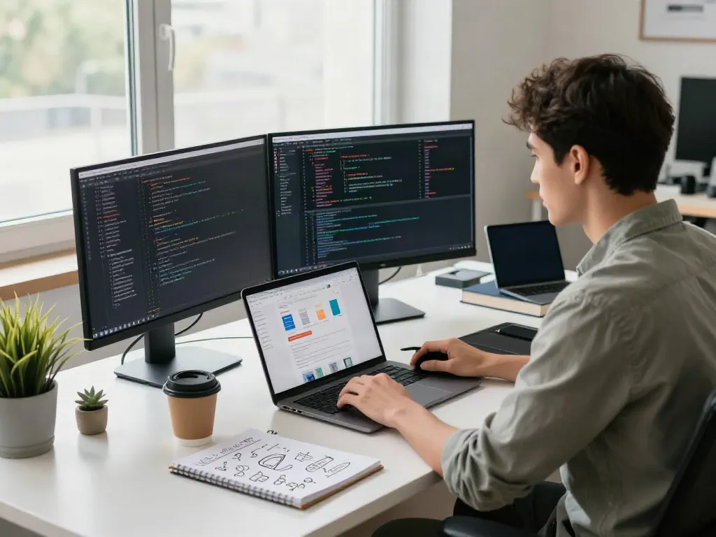 Developer utilizing instant indexing tools in a modern workspace, surrounded by code and analytics.