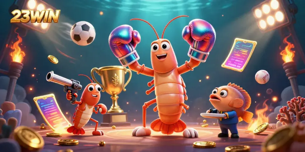 Experience the thrill of gambling with 23WIN featuring dynamic sports elements and vibrant characters.