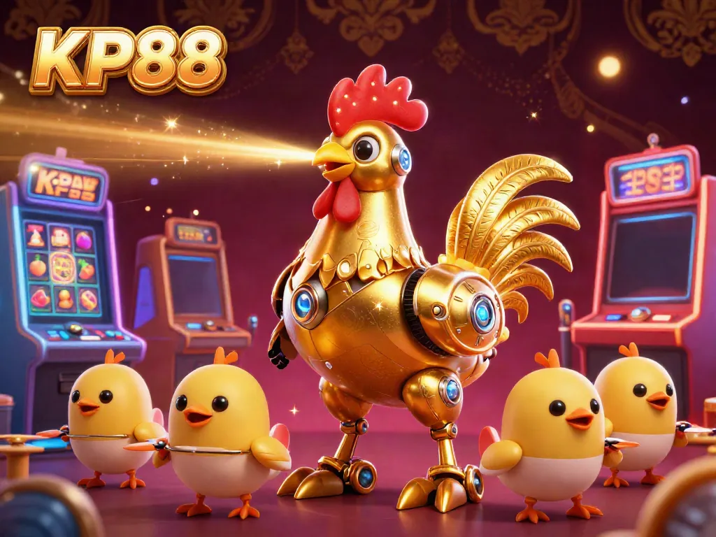 Engage with KP88 in an exciting online casino scene featuring a golden rooster robot and dynamic game elements.