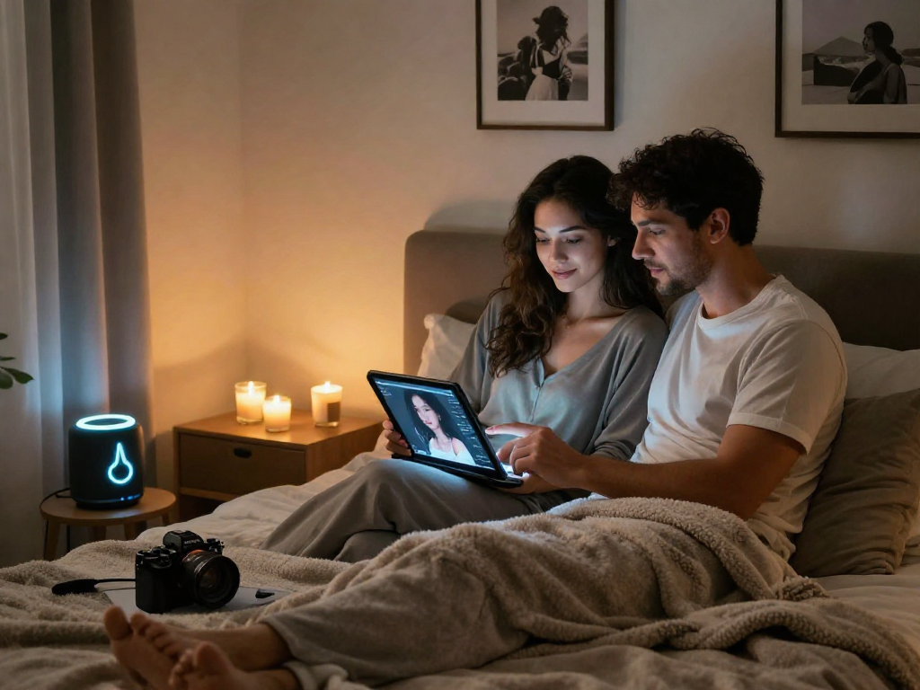 Couple enjoying AI sex technology in a cozy modern bedroom, highlighting intimacy.