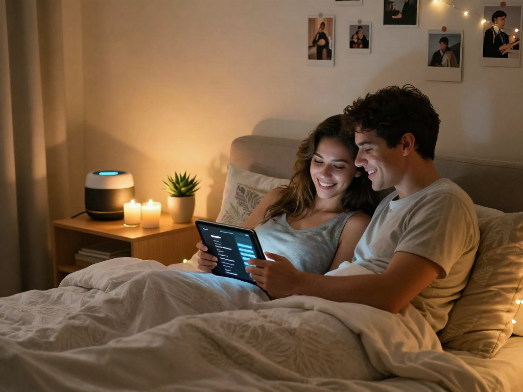 Couple using an app for digital intimacy in a cozy bedroom, exploring ai sex.
