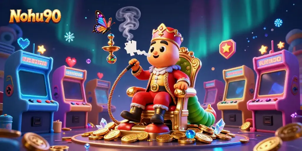 Nohu90 illustrates a vibrant cartoon scene featuring a caterpillar hookah-master amidst poker symbols and fun casino games.