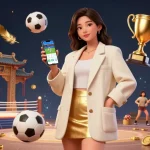 Experience thrilling betting on 7-hd as a beautiful Asian woman showcases a sports app in dynamic 3D.