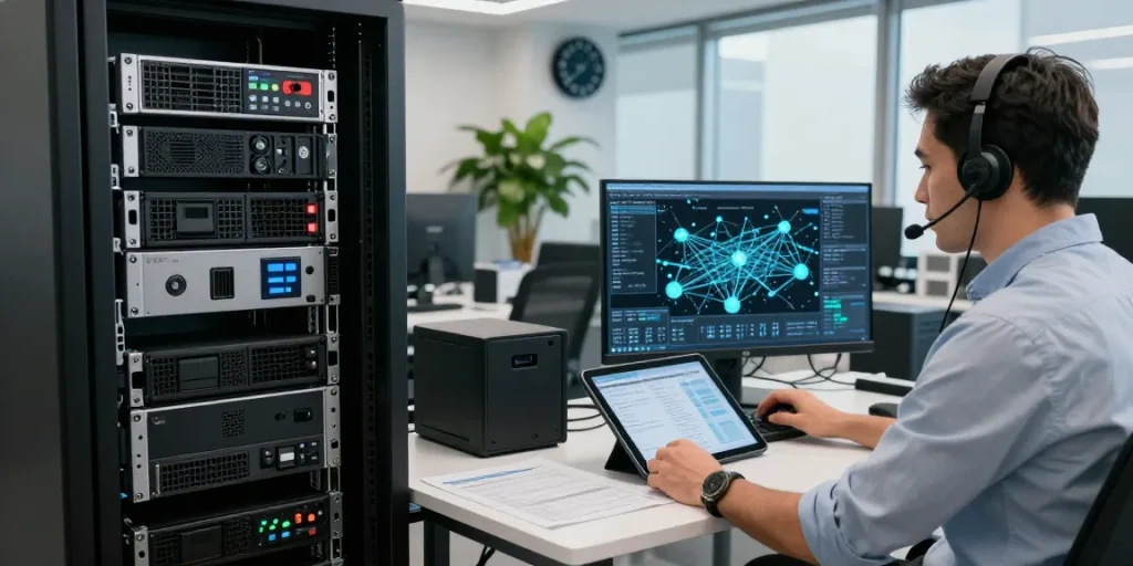 IT professional optimizing edge computing infrastructure in a modern workspace