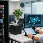IT professional optimizing edge computing infrastructure in a modern workspace