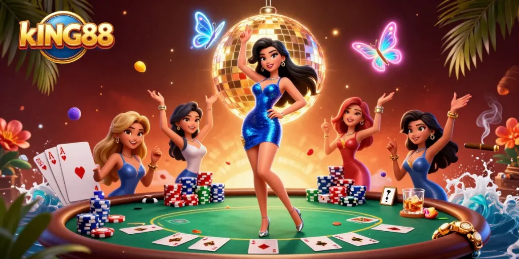 Experience the thrill of kING88 with a glamorous casino scene filled with poker elements and vibrant colors.