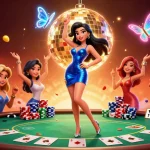 Experience the thrill of kING88 with a glamorous casino scene filled with poker elements and vibrant colors.