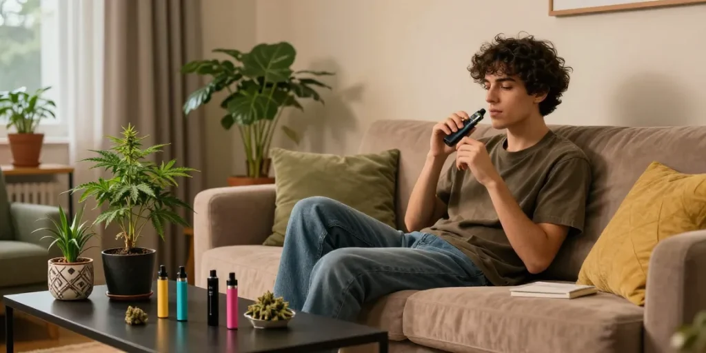 Relaxing with a weed vape in a cozy living room filled with cannabis plants.