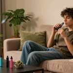Relaxing with a weed vape in a cozy living room filled with cannabis plants.