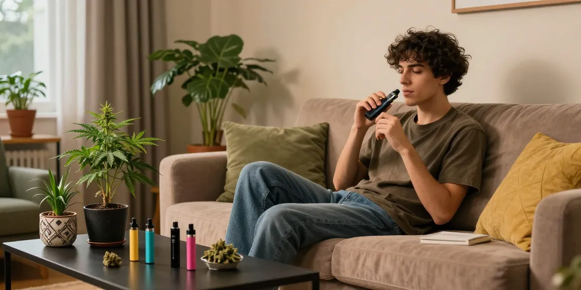 Relaxing with a weed vape in a cozy living room filled with cannabis plants.