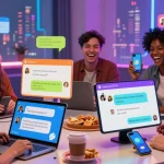 Engaging ai chat nsfw scene with users laughing while interacting with colorful AI chatbots on digital devices.