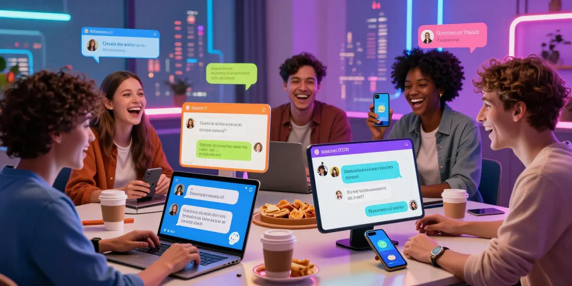Engaging ai chat nsfw scene with users laughing while interacting with colorful AI chatbots on digital devices.