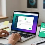 Effortlessly downloading WhatsApp下載 at a modern workspace with vibrant notifications.