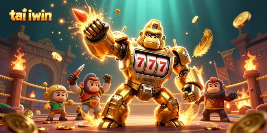 Engage in thrilling adventures with tai iwin's golden gorilla mech capturing exhilarating casino moments.