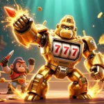 Engage in thrilling adventures with tai iwin's golden gorilla mech capturing exhilarating casino moments.