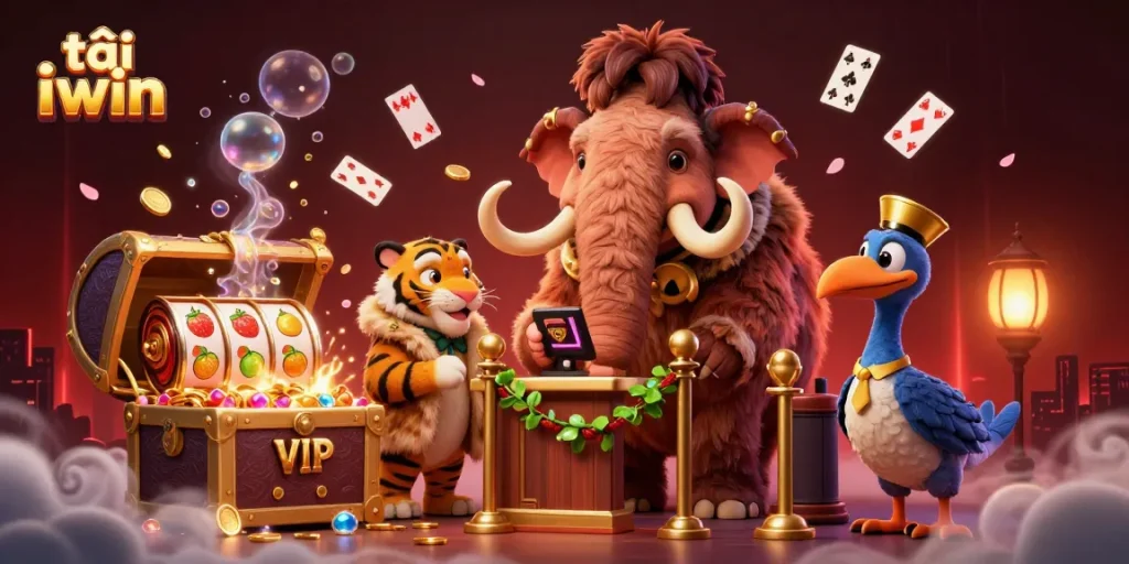 Experience the excitement at tải iwin as a woolly mammoth checks VIPs at a vibrant casino entrance.