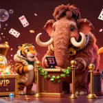 Experience the excitement at tải iwin as a woolly mammoth checks VIPs at a vibrant casino entrance.