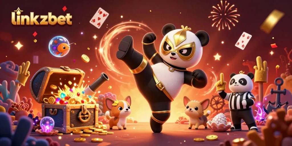 Experience thrilling gameplay with link zbet, featuring a panda wrestler amidst festive casino elements.