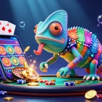 SOCOLIVE casino scene with a colorful chameleon owner and dynamic gambling elements.