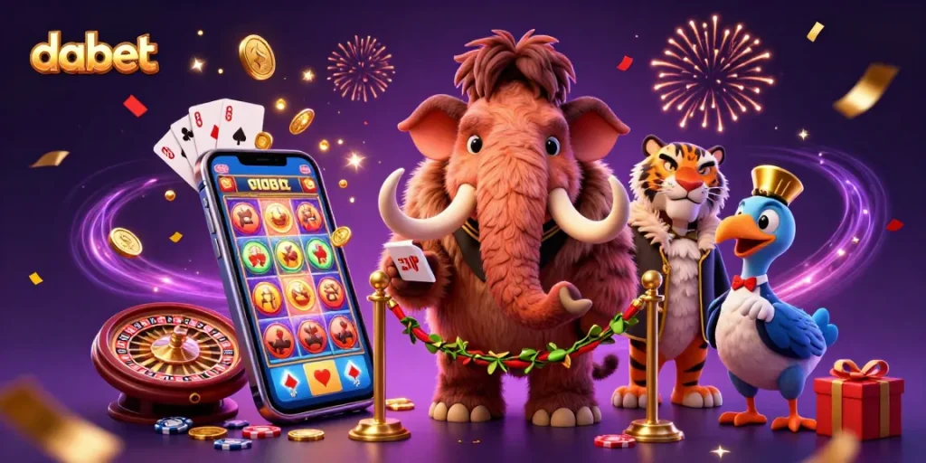 dabet welcomes players with a colorful slot game scene filled with dynamic characters and celebratory elements.