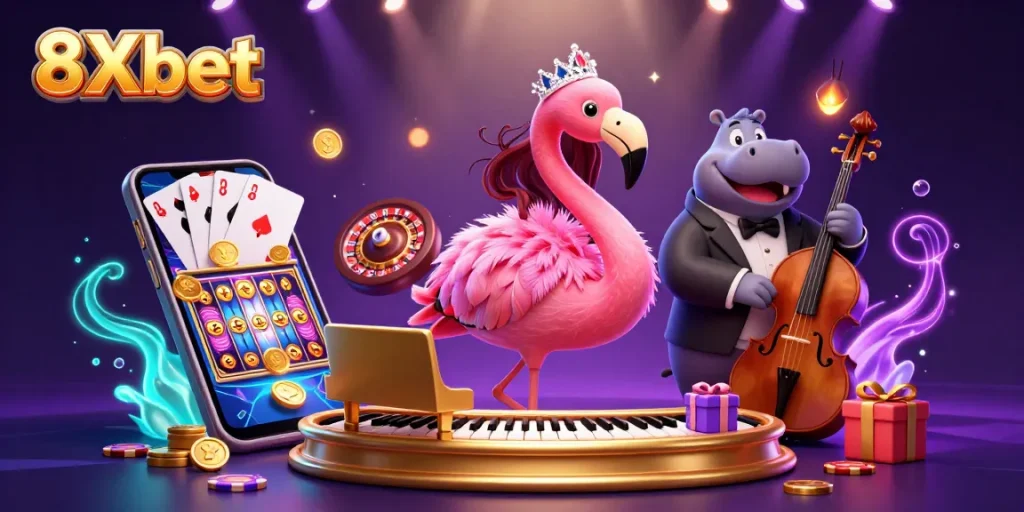Experience the excitement of 8Xbet with vibrant casino elements and lively characters.