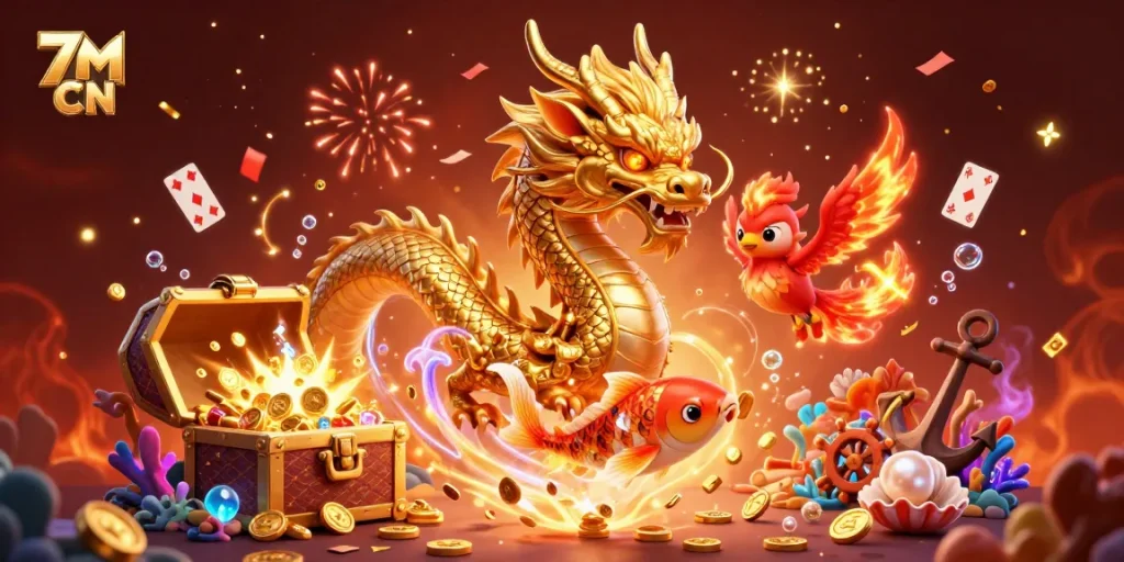 Engage with 7M CN’s lively scene featuring a Chinese dragon, phoenix, and koi fish amidst gambling elements.