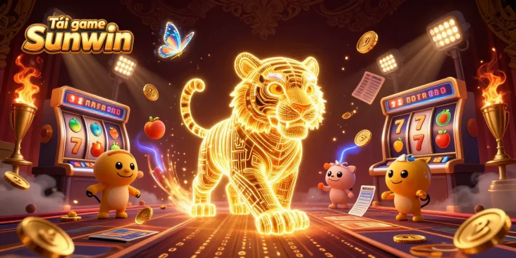 Tải game Sunwin with a neon-wireframe golden tiger in a vibrant digital casino landscape, showcasing exciting slot elements.