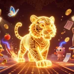 Tải game Sunwin with a neon-wireframe golden tiger in a vibrant digital casino landscape, showcasing exciting slot elements.