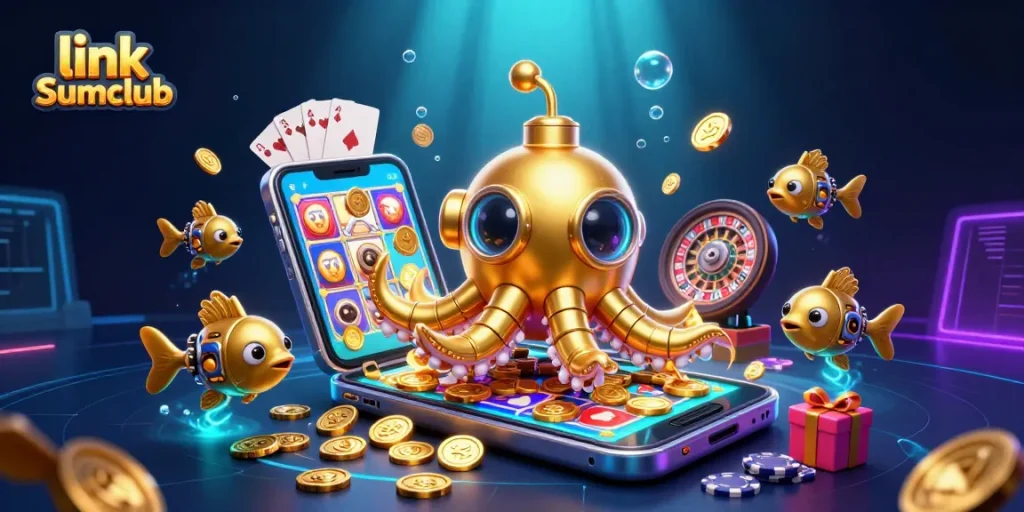 Experience the thrill of gaming with link Sumclub as a golden kraken submarine emerges amidst a cascade of coins and casino elements.