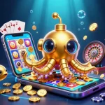 Experience the thrill of gaming with link Sumclub as a golden kraken submarine emerges amidst a cascade of coins and casino elements.