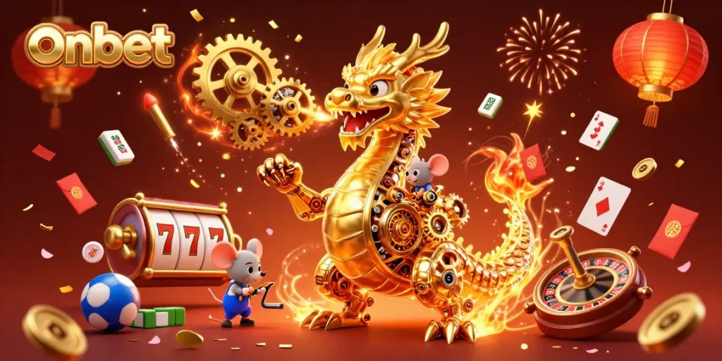 Experience thrilling gaming with onbet featuring a golden dragon, slot reels, and vibrant fireworks.