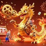 Experience thrilling gaming with onbet featuring a golden dragon, slot reels, and vibrant fireworks.