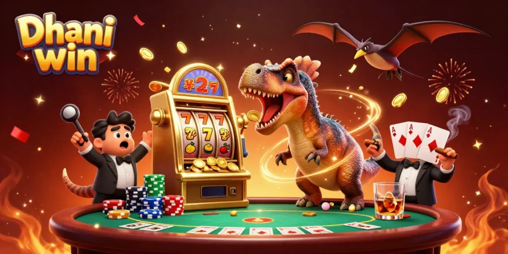 Dhani win showcases a pachycephalosaurus winning coins from a slot machine amidst a lively casino scene.